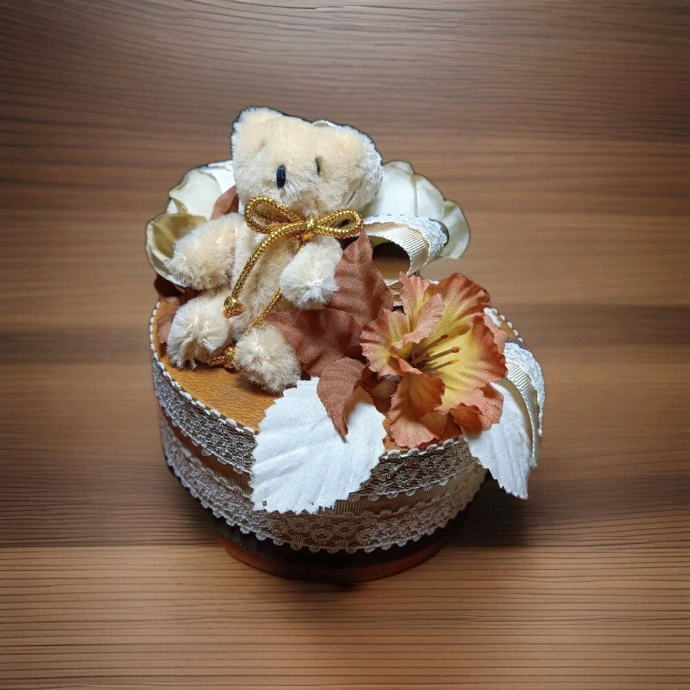 Vintage Decorated Gift Basket with Gross Grain Ribbons Lace Flowers & Teddy Bear